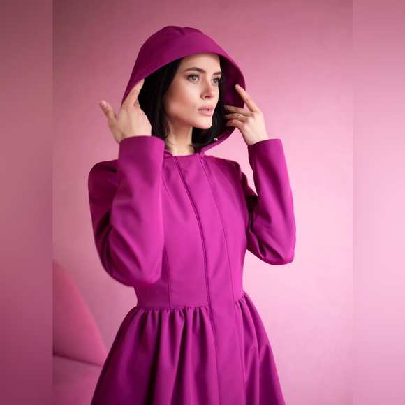 Women’s Fuchsia Pink Hooded Waterproof Button Up Peplum Rain Coat Dress - Picture 4 of 14